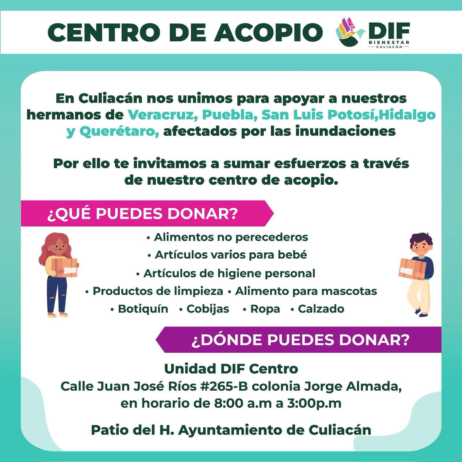 DIF Culiacán instala centros de acopio en apoyo a familias afectadas por inundaciones